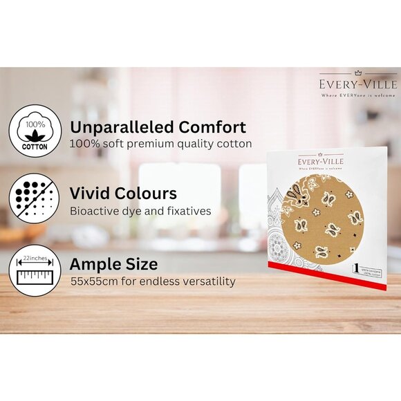 Women's Tan Cotton Bandana Large Cowgirl Imported Handkerchief Headband Scarf - Picture 2 of 7